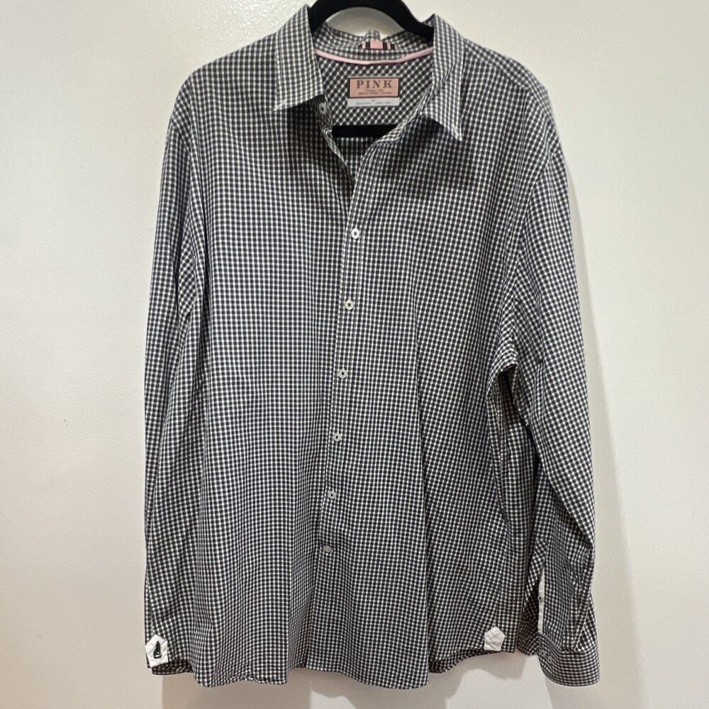 Thomas Pink PINK XL Blue/White Check Cotton Button-Down Long Sleeve Shirt